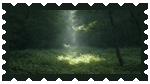 stamp with green border, inside is photo of patch of light on grass on forest floor